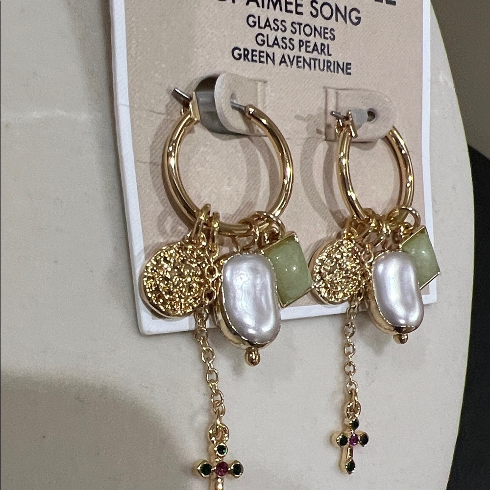 Song of Style Gold and Cream Earrings with Green Accents - Picture 4 of 6